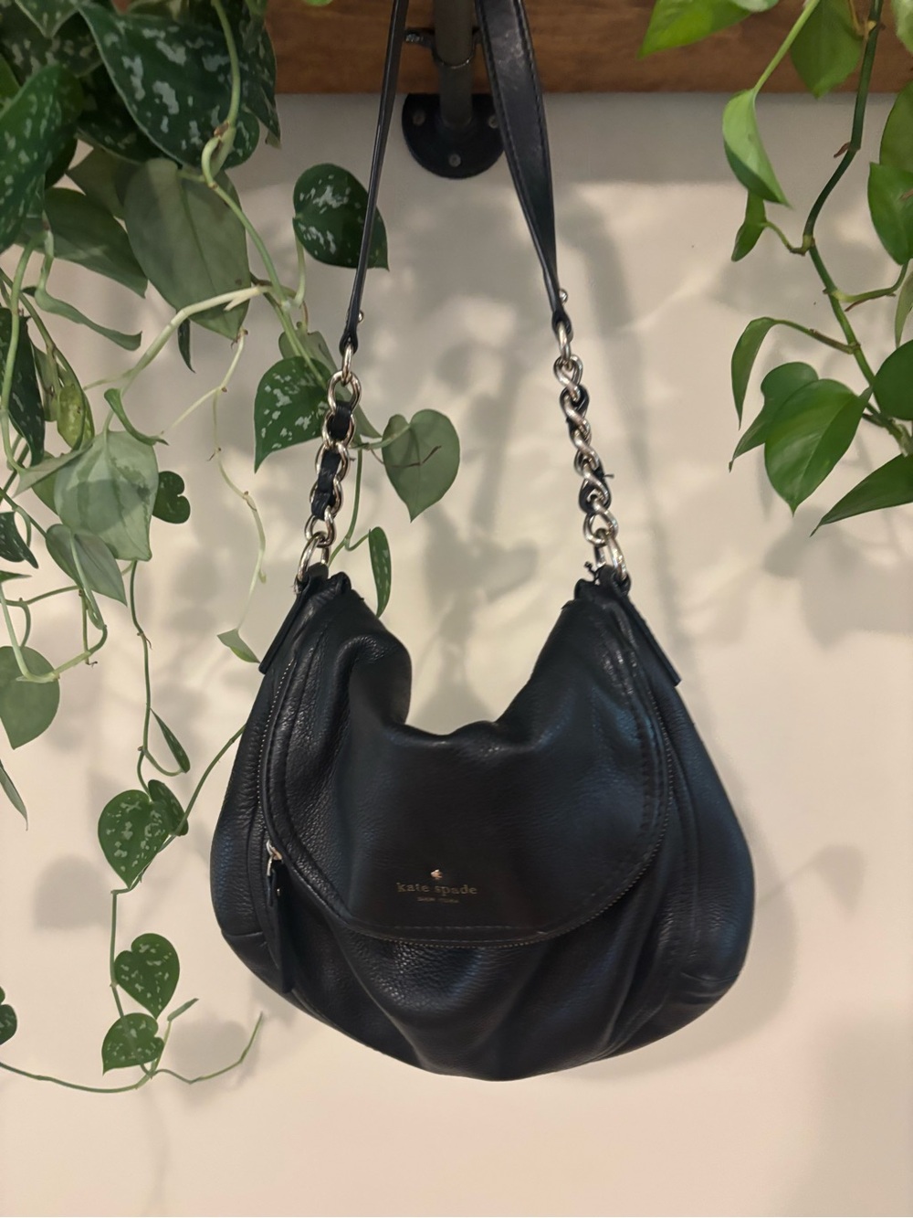 kate spade Black Pebbled Leather Shoulder Bag with Chain Strap